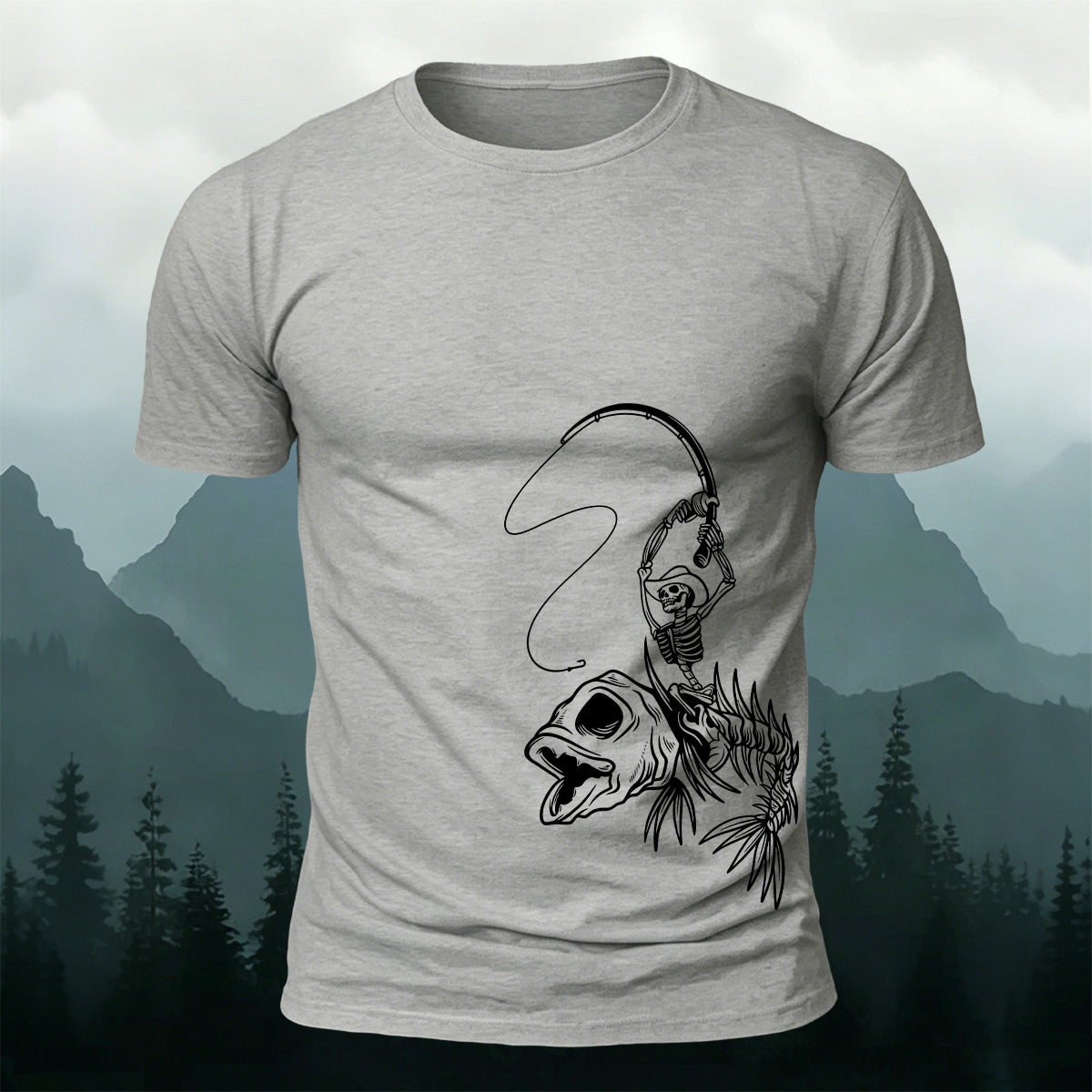 Fishbone Fishing Series Printed Round-Neck Cotton T-Shirt