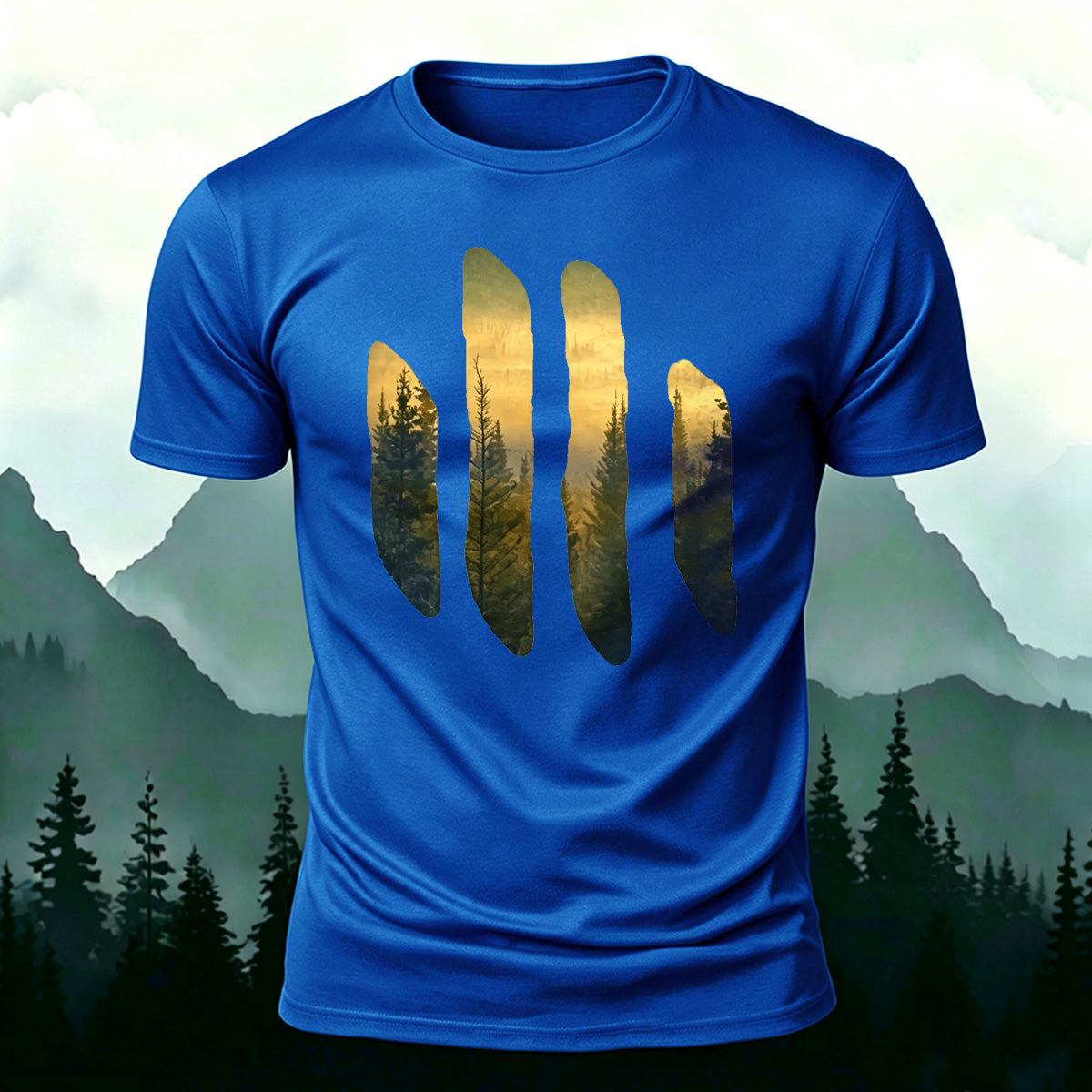 Beautiful Scenery Pattern Retro Casual Cotton T-Shirt Blue