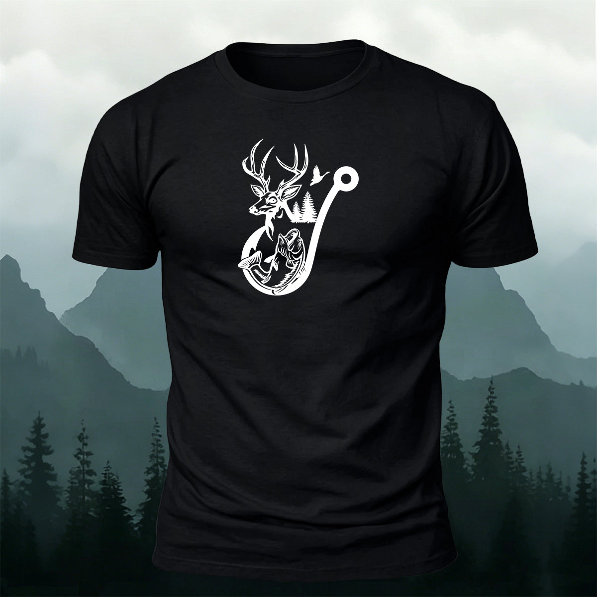 Deer Head Silhouette Print  Round-Neck Cotton T-Shirt