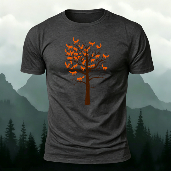Foxes and Tree Art Pattern Casual Cotton T-Shirt Dark Grey