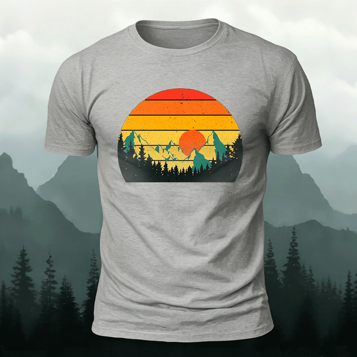 Sunset Scenery Print Vintage Skin-friendly T-Shirt Grey