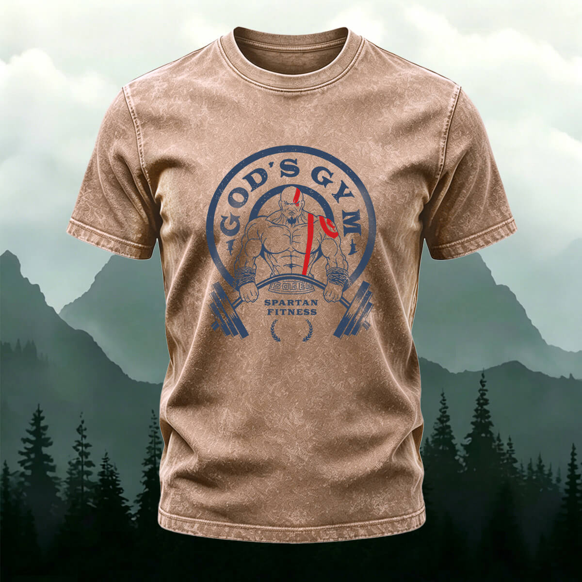 Fitness Print Fashion Washed Cotton Casual T-Shirt  Coffee