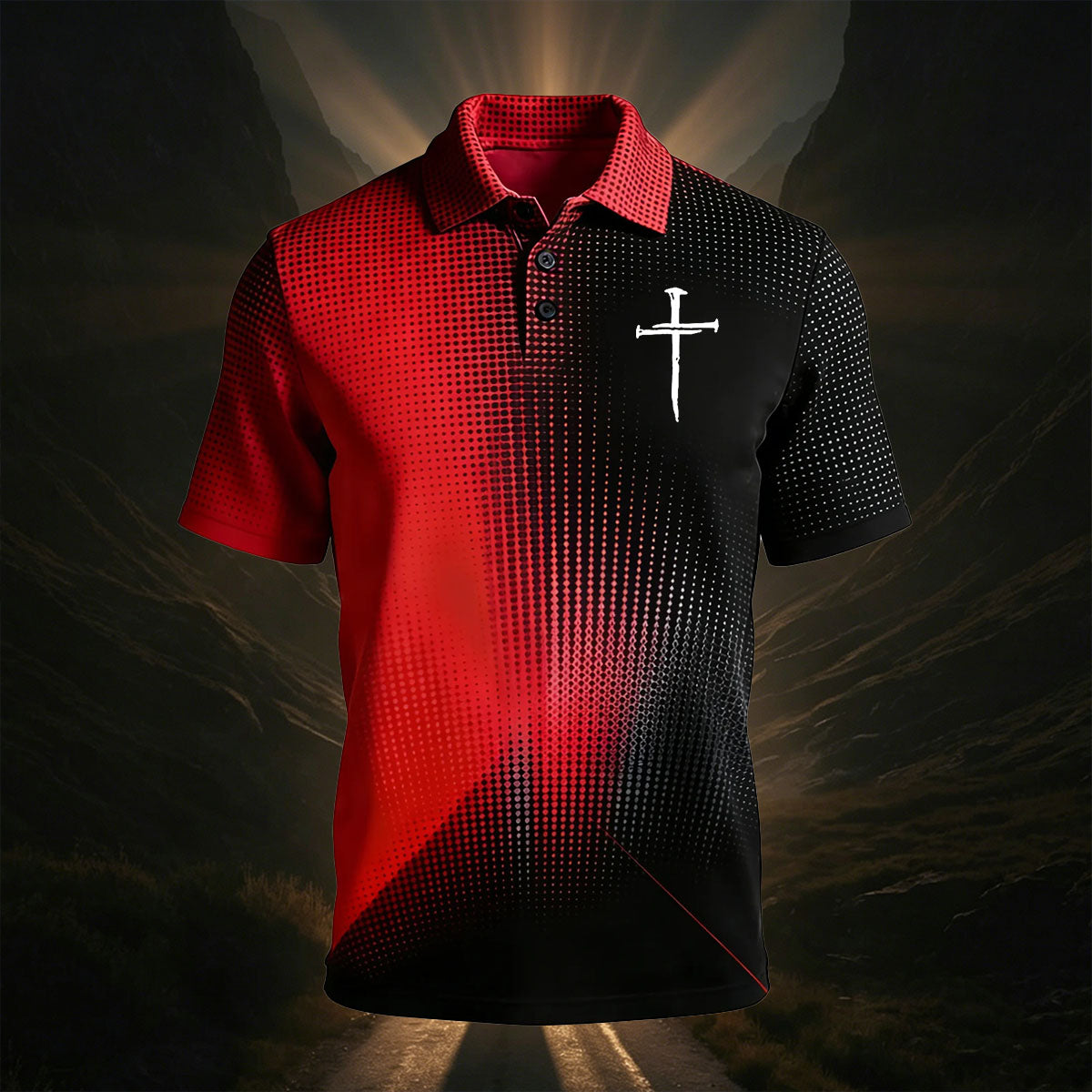 Red and Black Gradient Cross Chest Print Polo Shirt