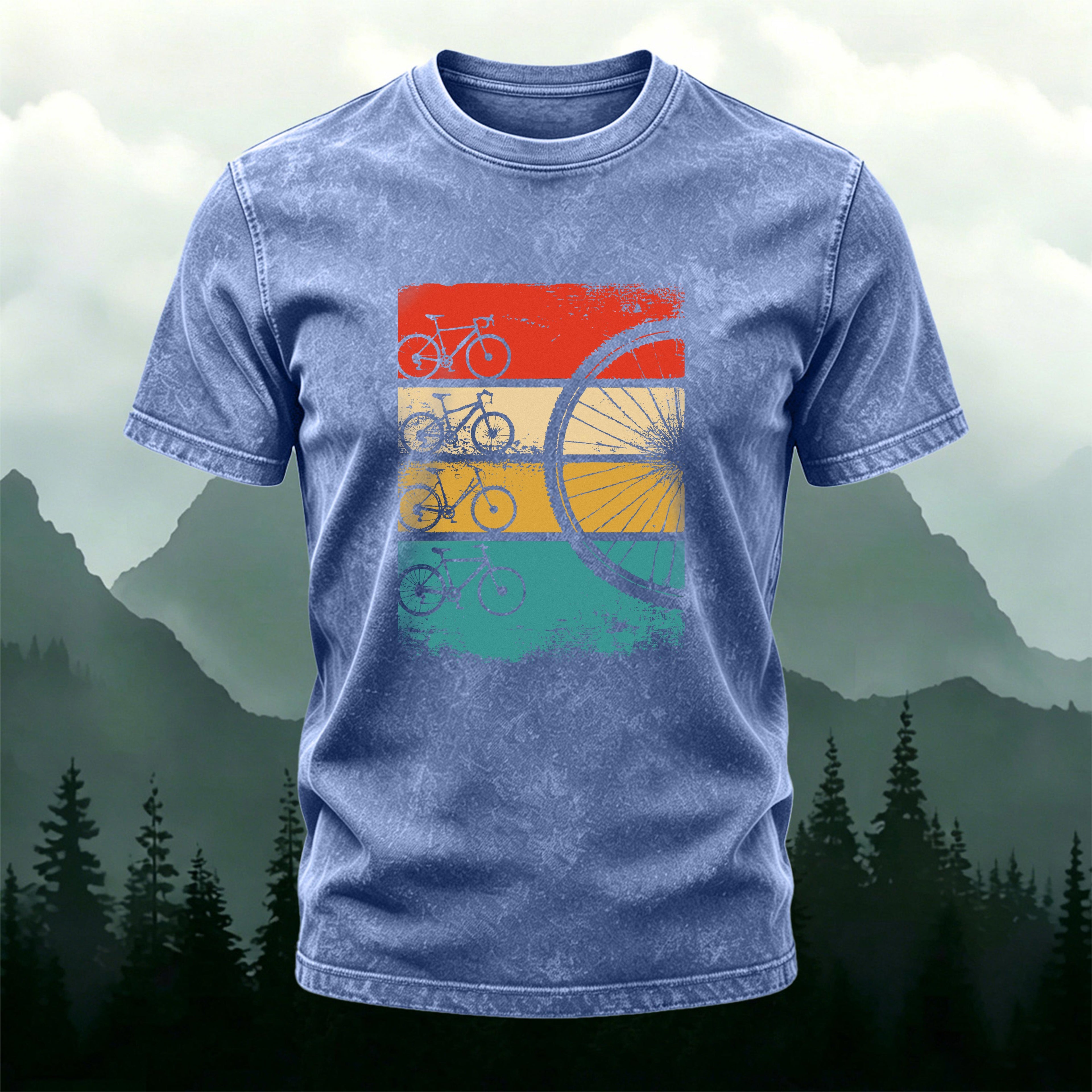 Cycling-themed Colorful Bicycle Print Washed Cotton T-Shirt
