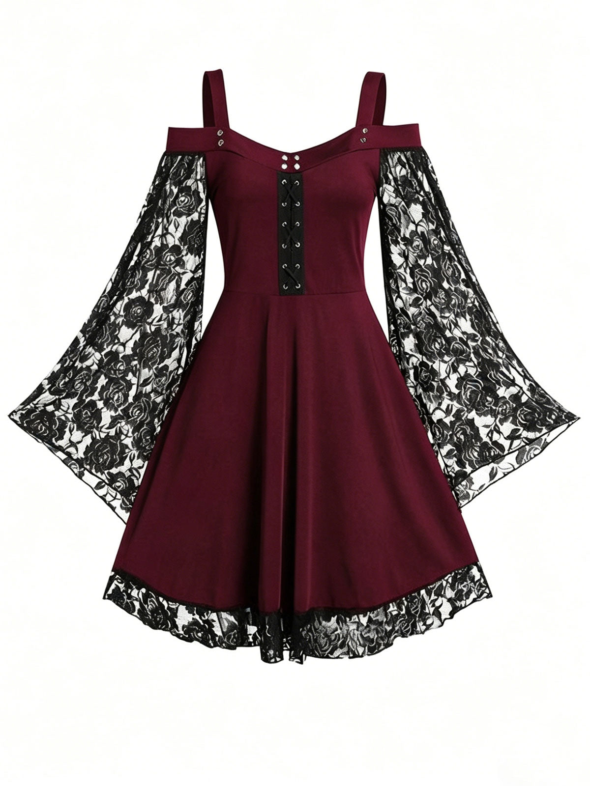 Mock Neck Bell-Sleeve Lace-Paneled Boho-Chic Retro Dress