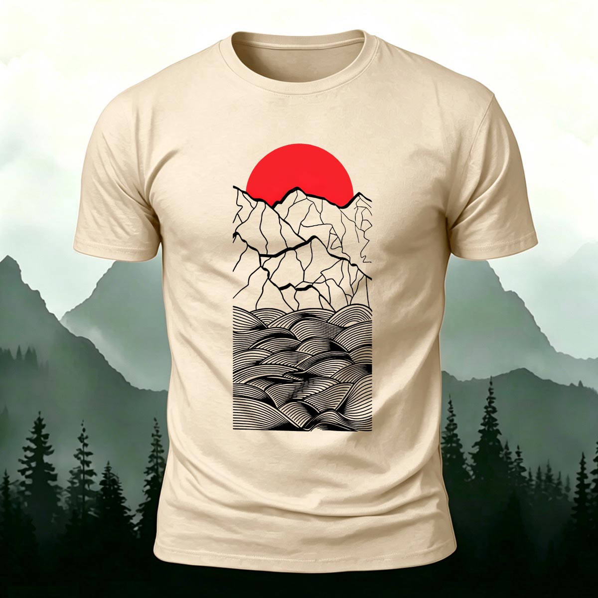 Forest Sunset Mountain Print Casual Cotton T-Shirt