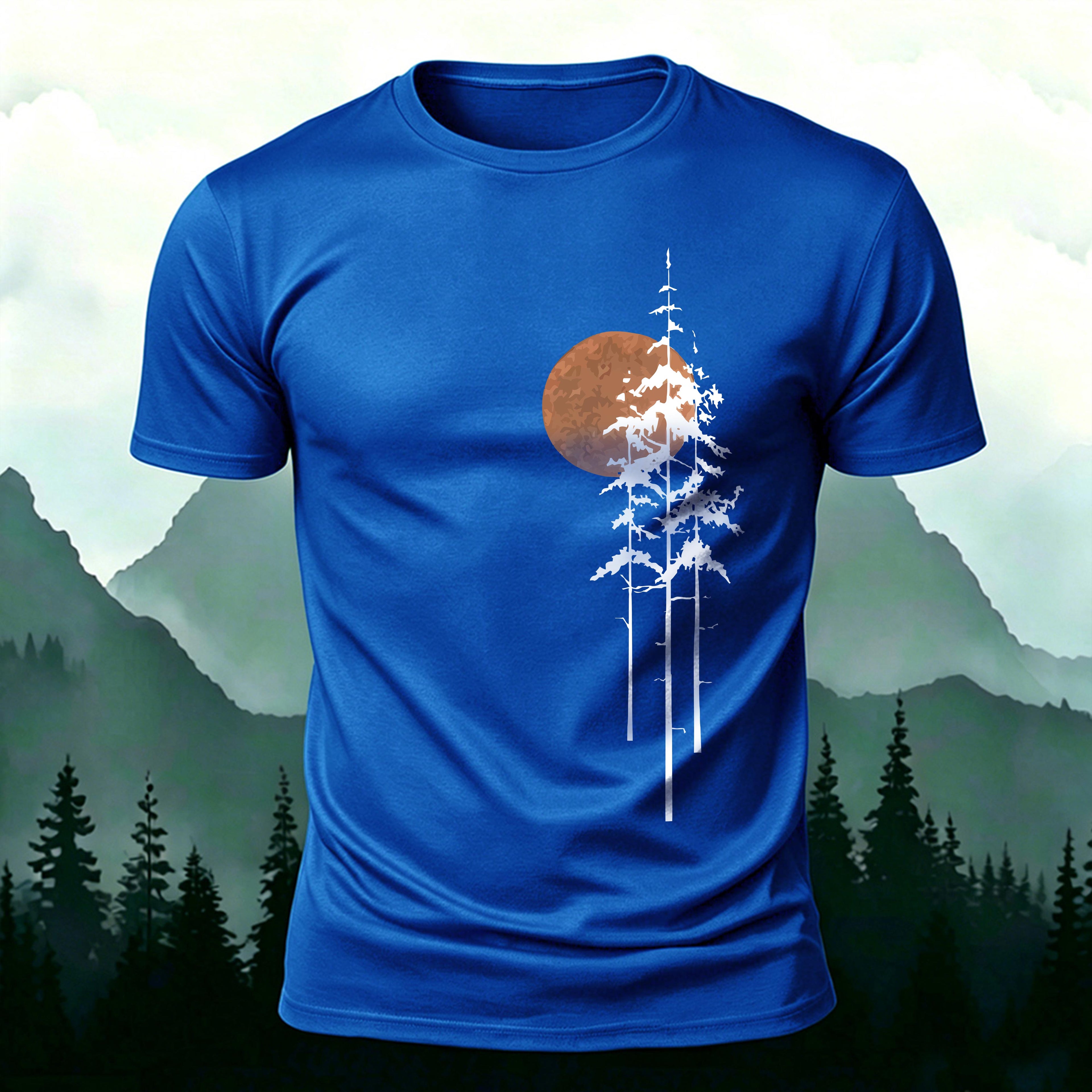 Retro Sunset Pine Tree Print Cotton T-Shirt