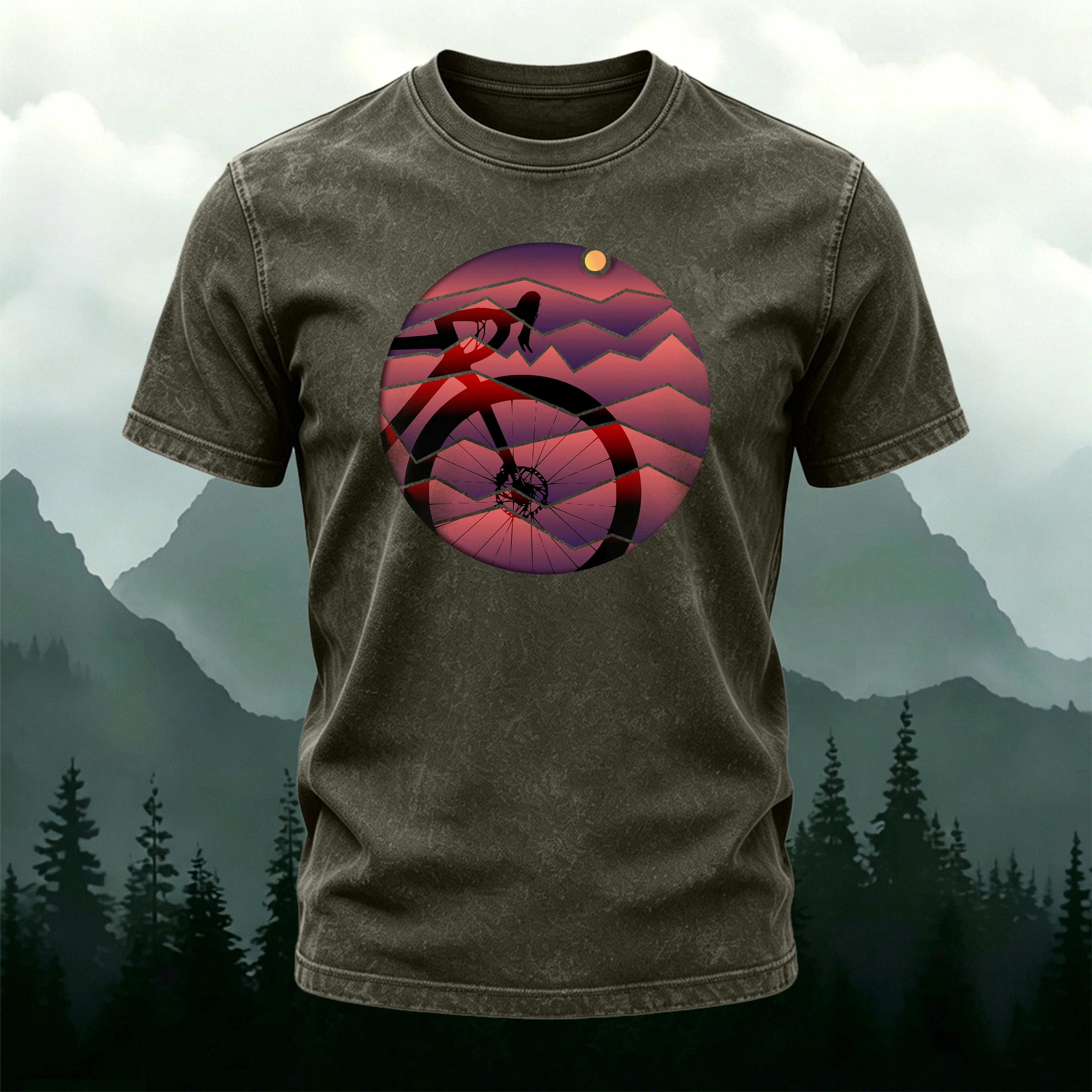 Bicycle Sunset Print Casual Washed Cotton T-Shirt