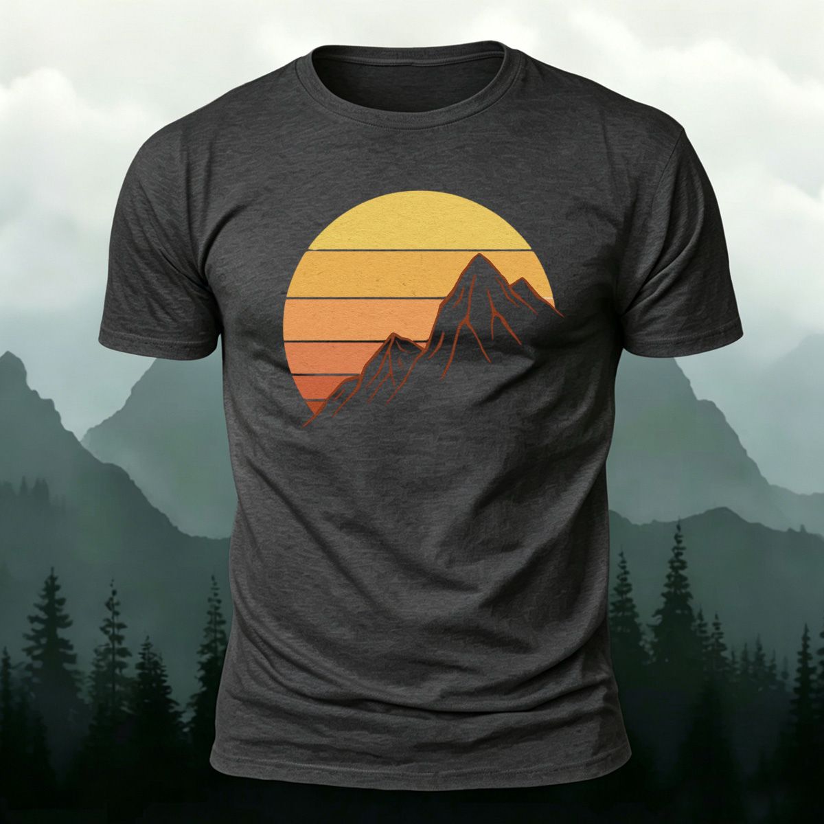 Sunlit Golden Mountain Print Casual Combed Cotton T-Shirt Dark grey