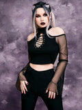 Dark Gothic-style Lace-Up Mesh-Paneled Bell-Sleeve Top
