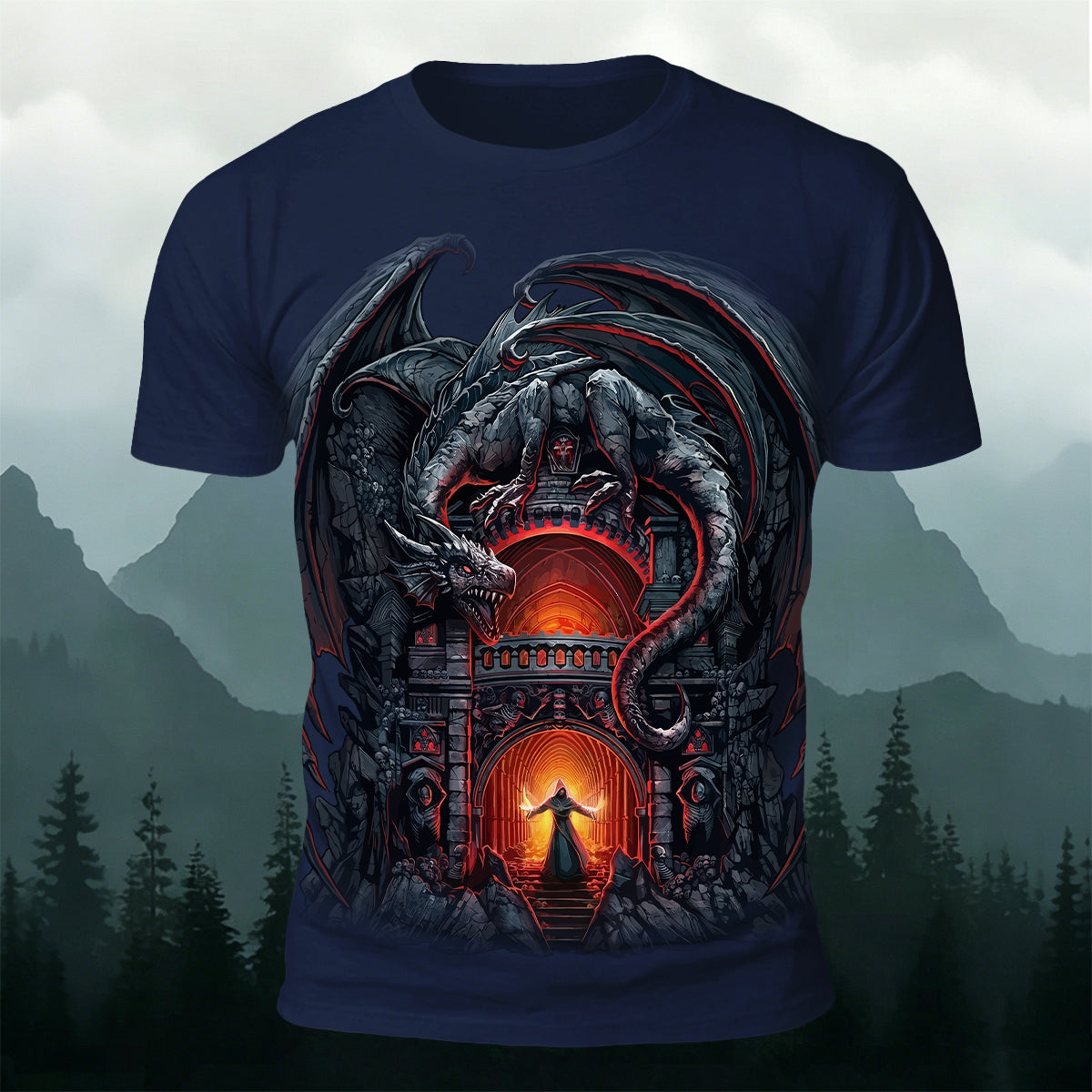 Dark Demon Dragon Print Vintage Casual T-shirt