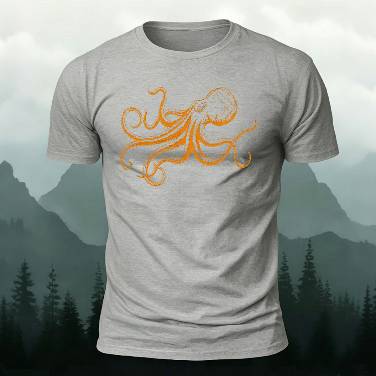 Octopus Minimalist Pattern Breathable Material Casual T-Shirt Grey