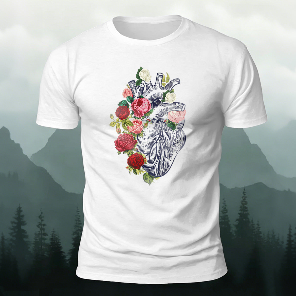 Floral Heart Pattern Breathable Material Casual T-shirt