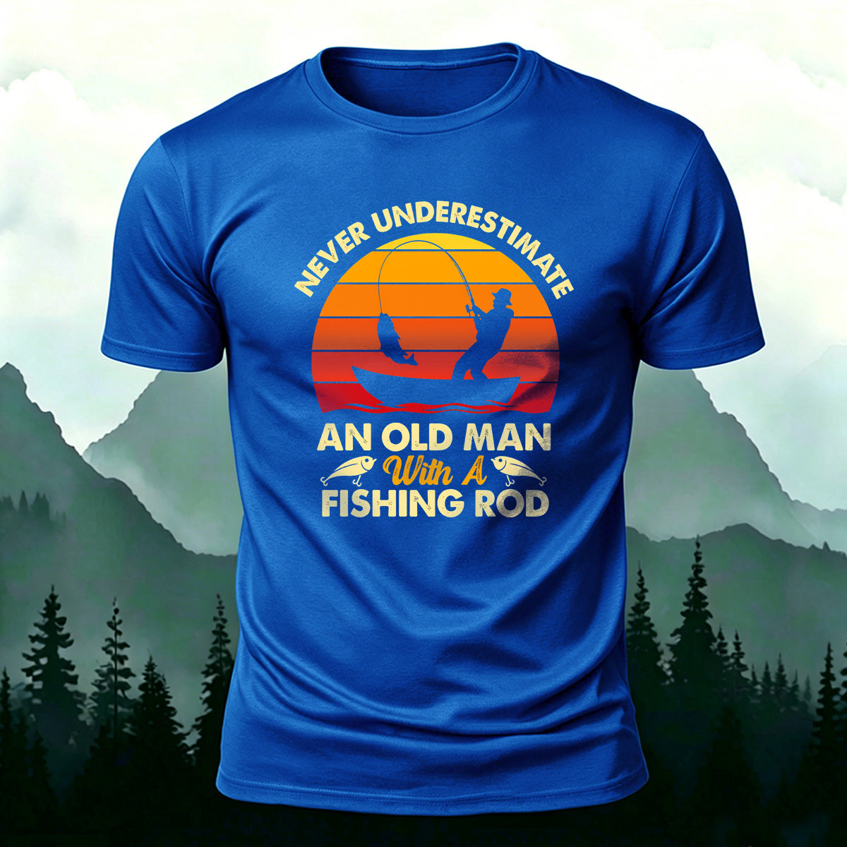 Enjoying Fishing Pattern Casual Daily Cotton T-shirt Blue