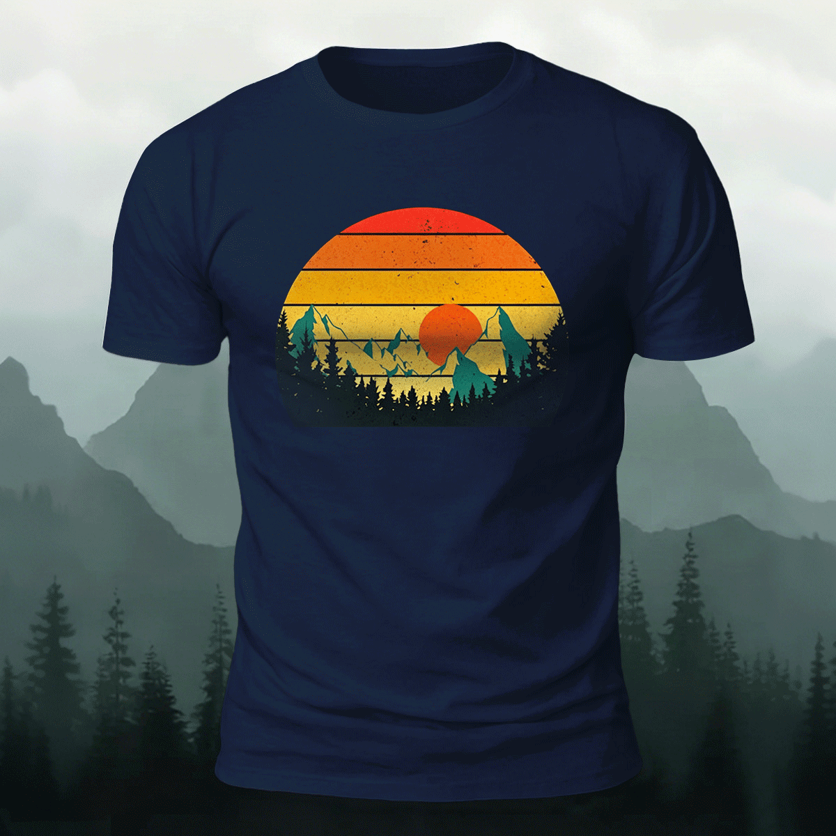 Sunset Scenery Print Vintage Skin-friendly T-Shirt Navy