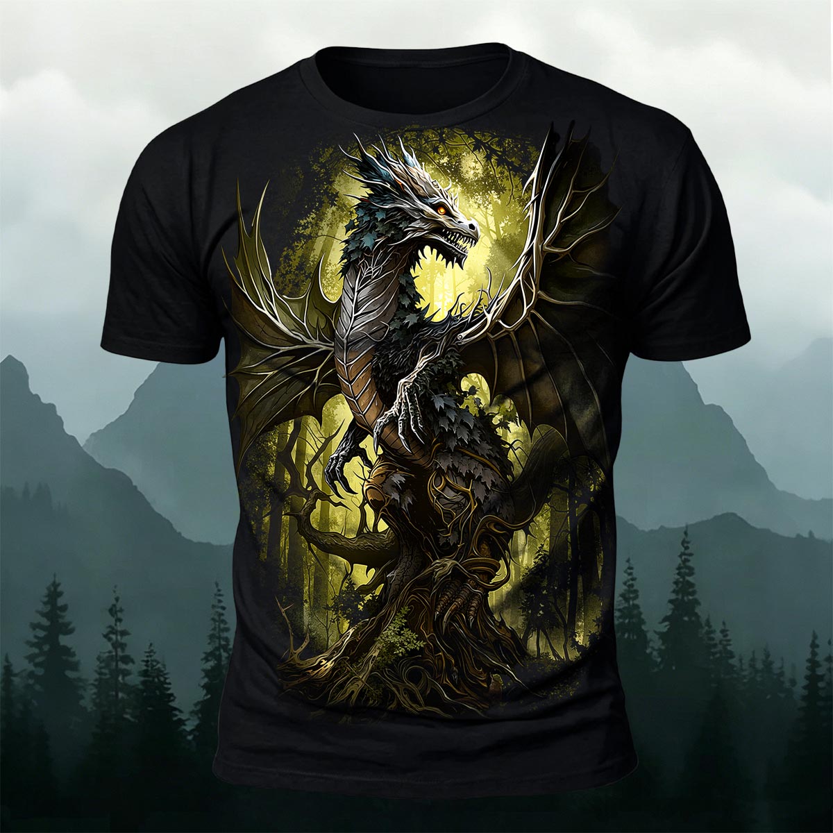 Retro Forest Dragon Print Outdoor 100% Cotton T-Shirt Black