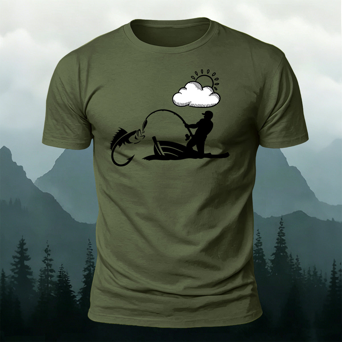 Outdoor Fishing Silhouette Print  Round-Neck Cotton T-Shirt