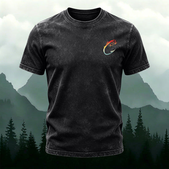 Fish Pattern Minimalist Style Washed Cotton Casual T-Shirt black