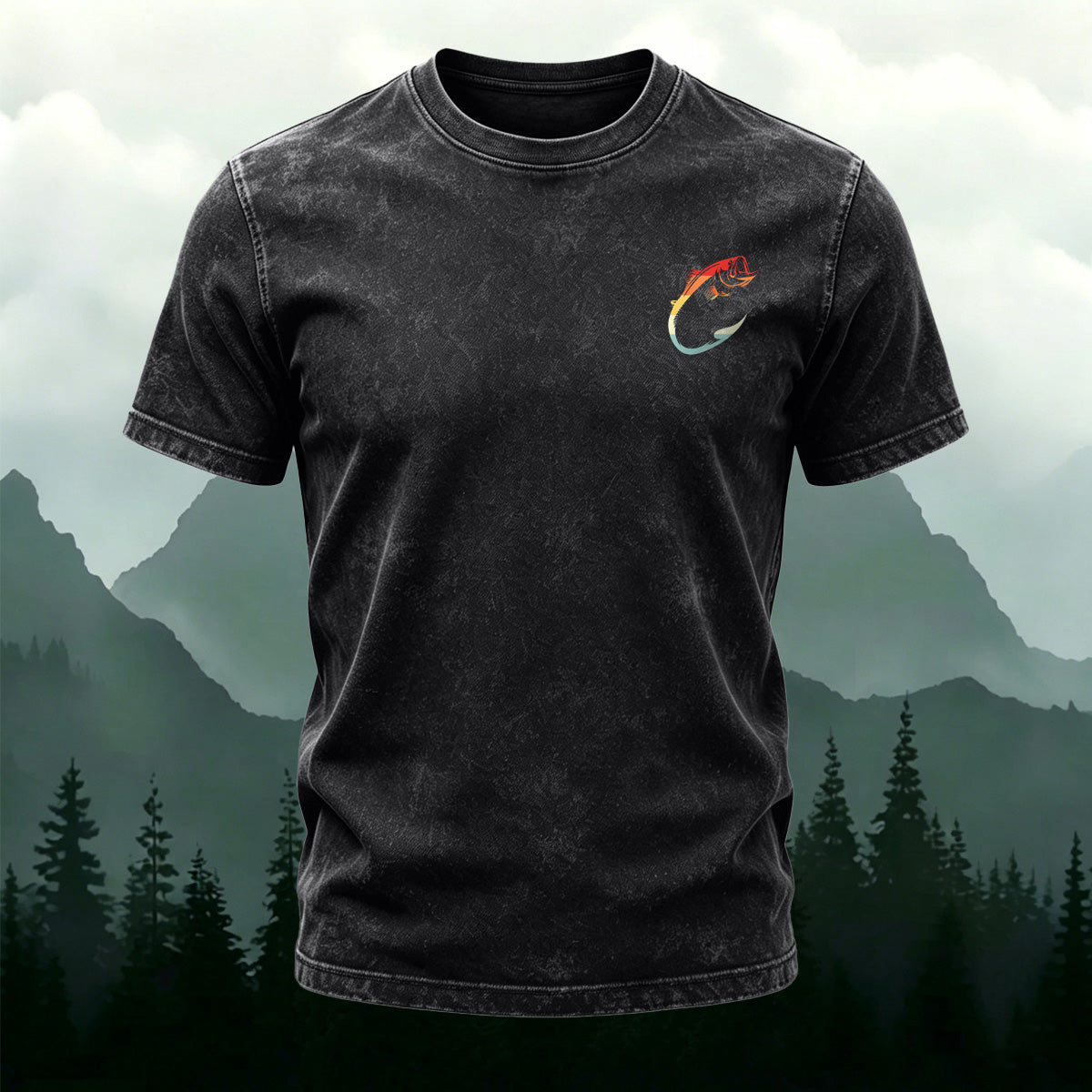 Fish Pattern Minimalist Style Washed Cotton Casual T-Shirt black