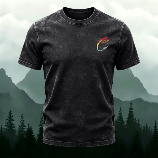 Fish Pattern Minimalist Style Washed Cotton Casual T-Shirt black