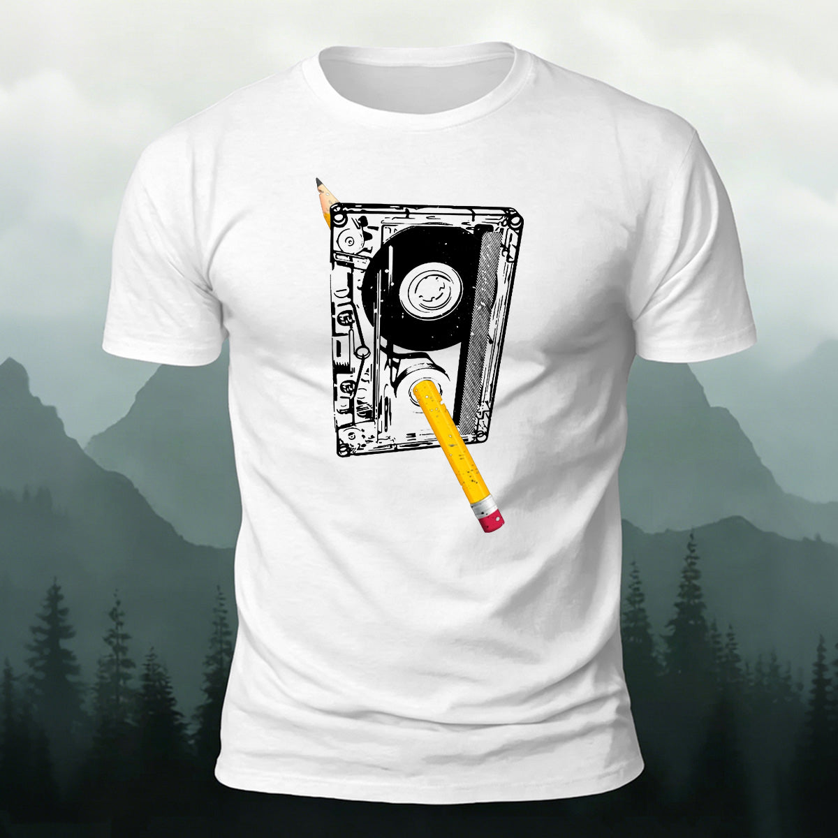 Pencil and Tape Pattern Soft-touch Feel T-Shirt White