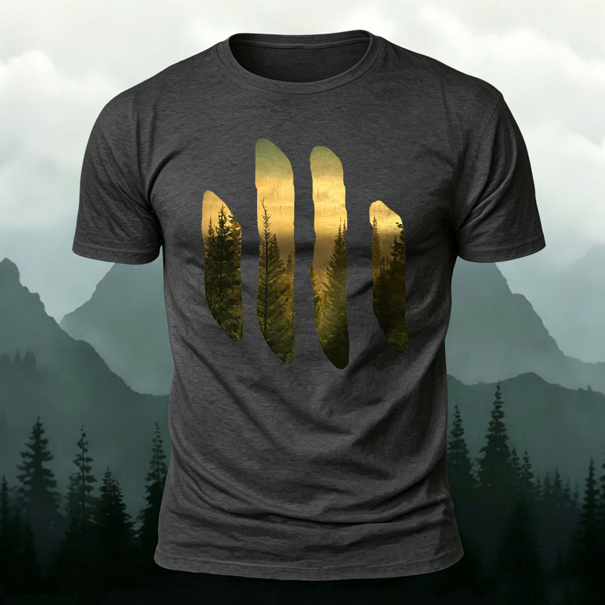 Beautiful Scenery Pattern Retro Casual Cotton T-Shirt Dark grey