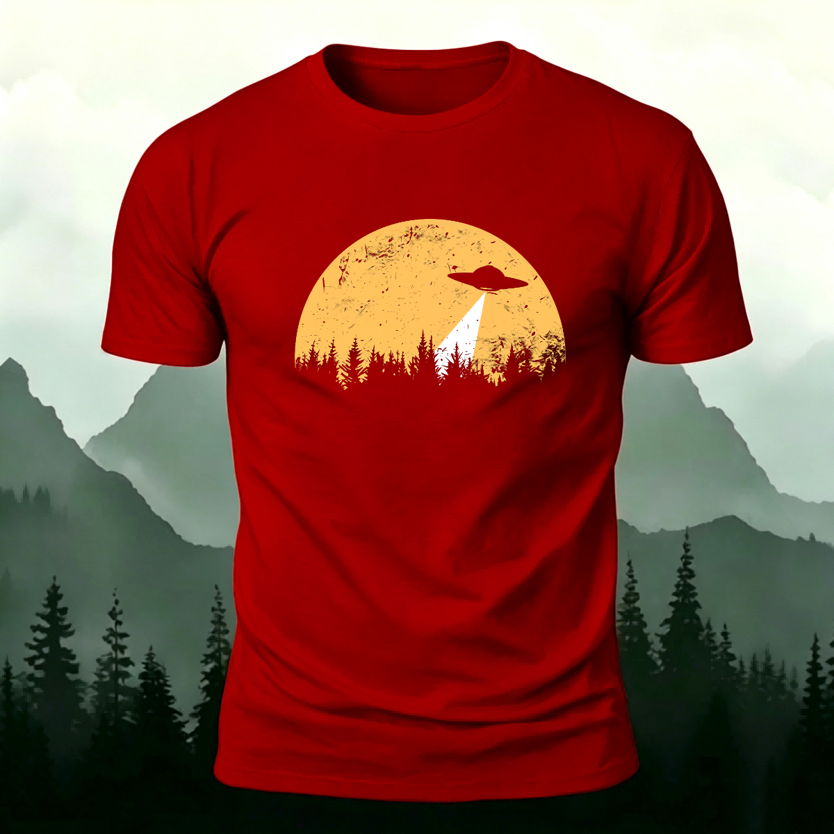 Alien Spaceship Pattern Skin-Friendly Casual T-Shirt Red
