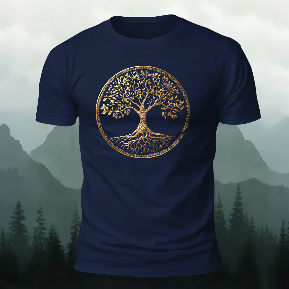 Golden Tree of Life Printed Cotton Crew Neck T-Shirt