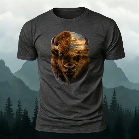 Soft Cotton Realistic Bison Landscape Outdoor T-Shirt