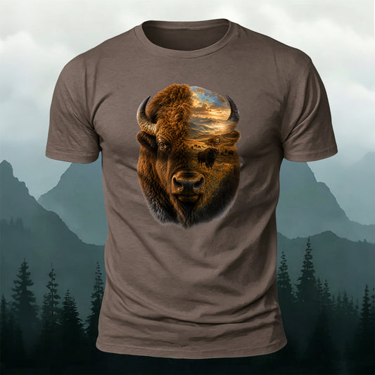 Soft Cotton Realistic Bison Landscape Outdoor T-Shirt