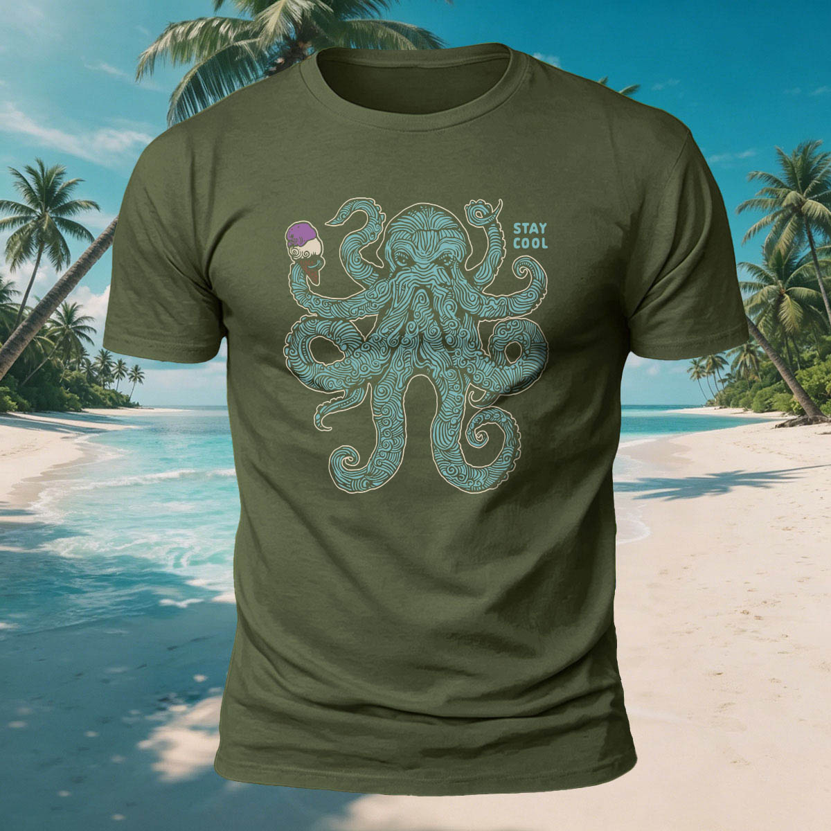 Octopus Eating Ice Cream Print Versatile Breathable Cotton Tee