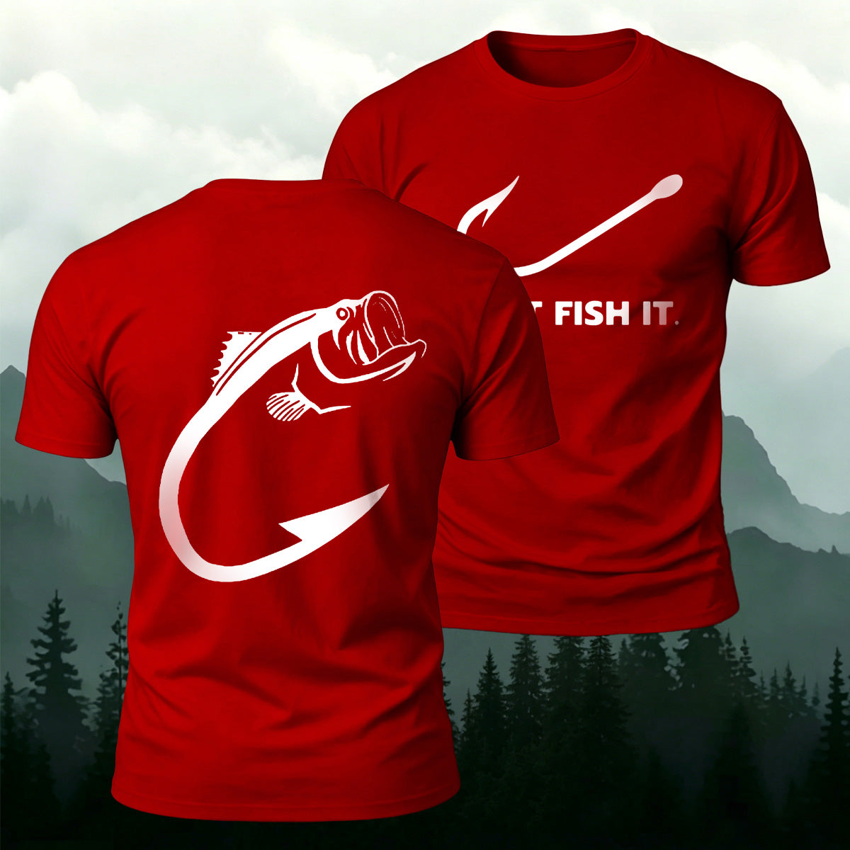 Fish and Hook Pattern Outdoor Style Casual T-Shirt Red