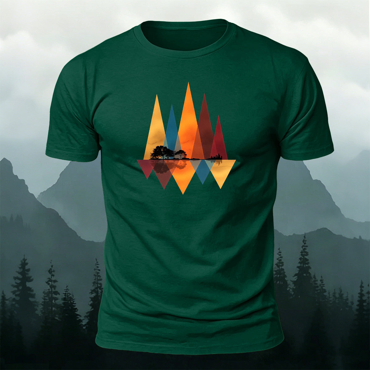 Geometric Mountain Reflection Print Cotton T-Shirt