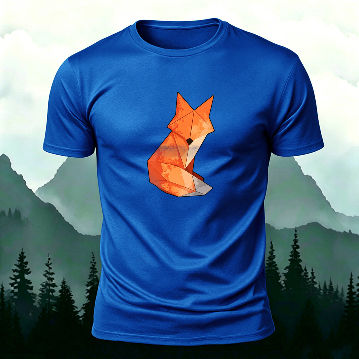 Origami Fox Print Premium Cotton Casual T-Shirt Blue