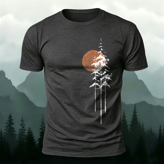 Retro Sunset Pine Tree Print Cotton T-Shirt Dark grey