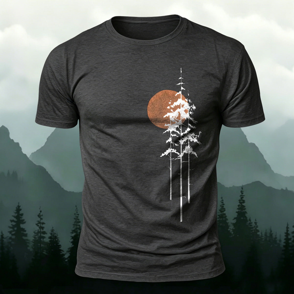 Retro Sunset Pine Tree Print Cotton T-Shirt Dark grey