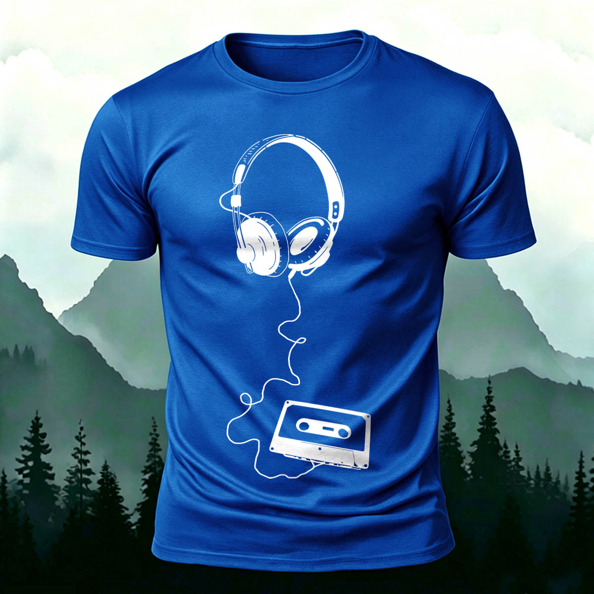 Vintage Headphones Music Print Cotton T-Shirt