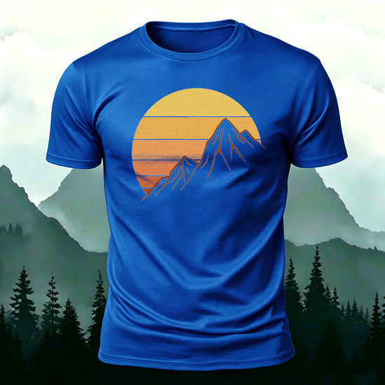 Sunlit Golden Mountain Print Casual Combed Cotton T-Shirt Blue