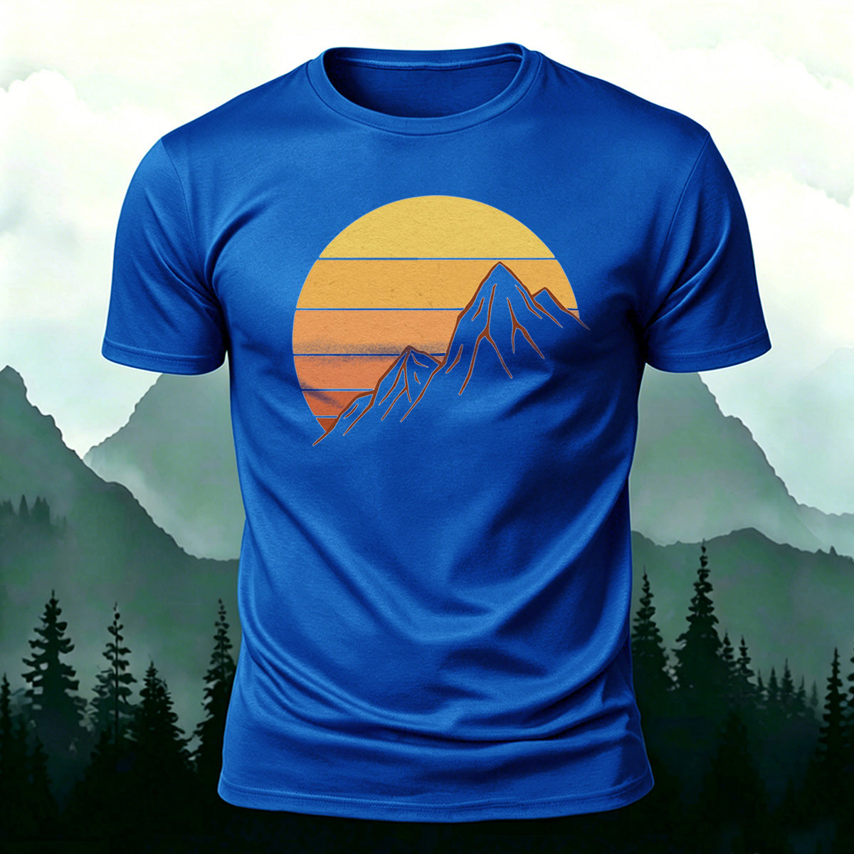 Sunlit Golden Mountain Print Casual Combed Cotton T-Shirt Blue