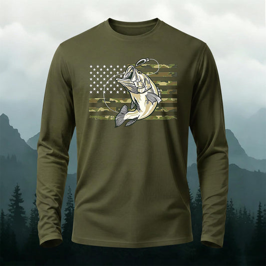 Vintage Fossil Fish Pattern Print Casual Long-Sleeve Cotton Tee