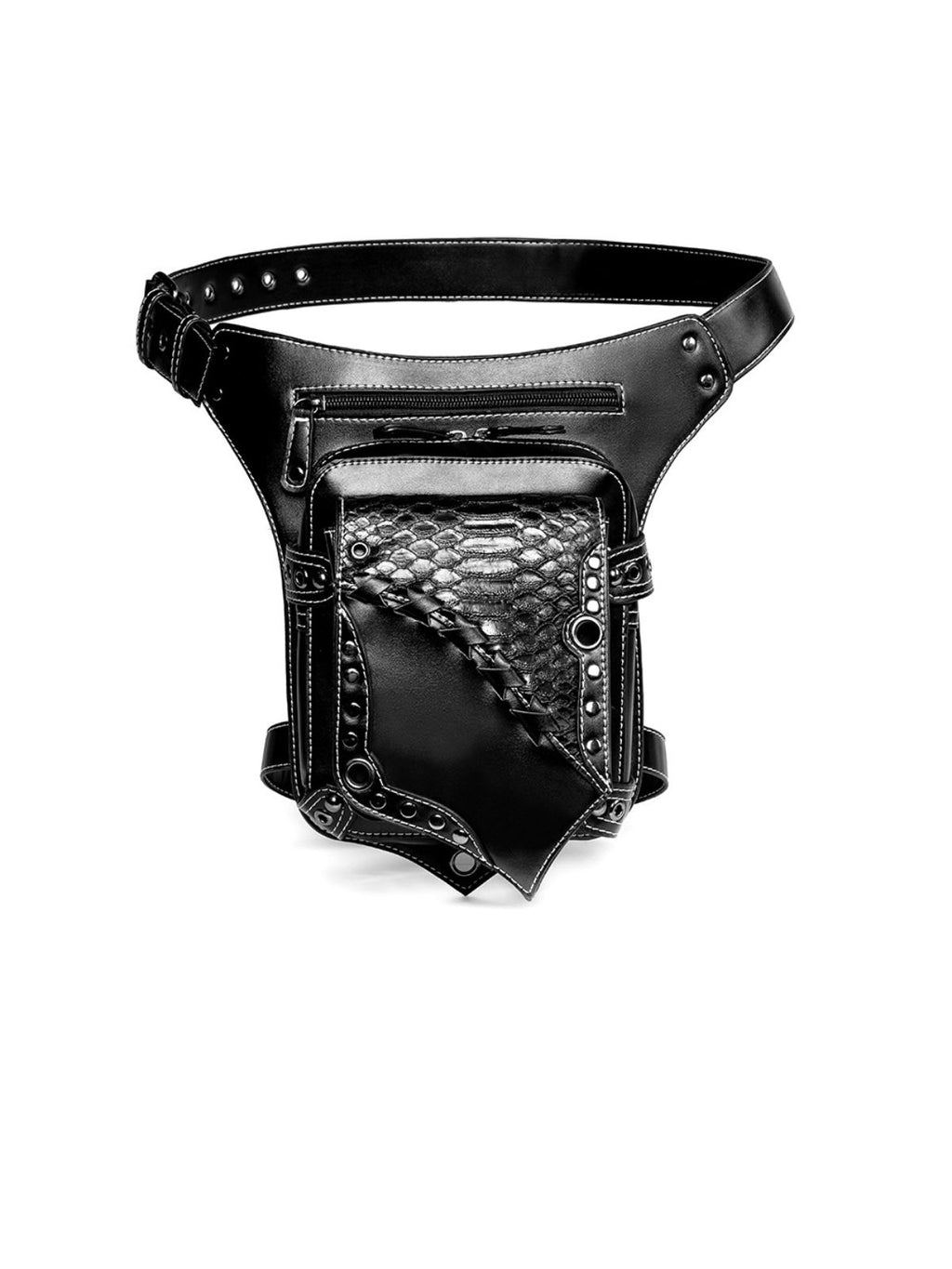 Snake-Print Patchwork Outdoor Motorcycle Studded Waist Bag