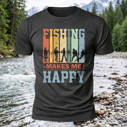 Fishing Makes Me Happy Printed Short Sleeve T-Shirt