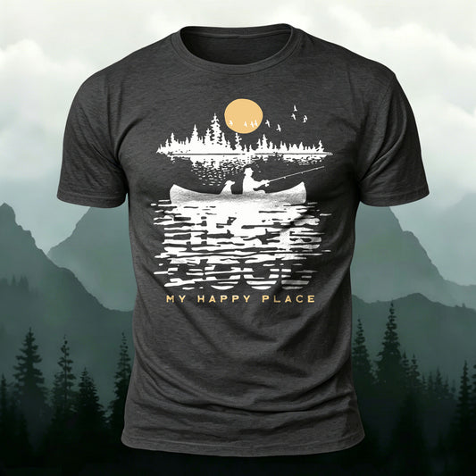 Cotton Forest Morning Fishing Print Casual T-Shirt