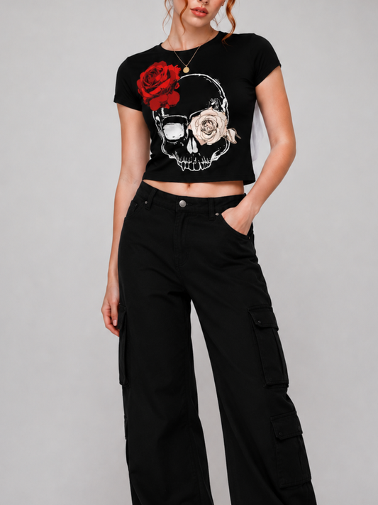 Dark Romance Skull Rose Slim Crop Top