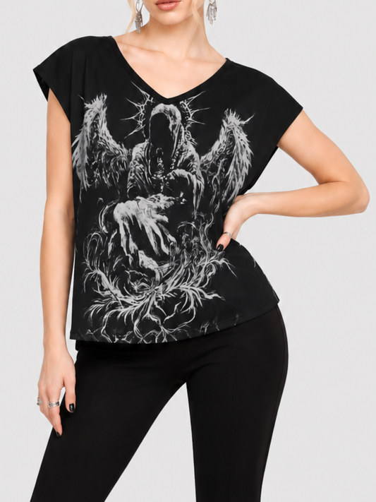 Women's Gothic Dark Wing Print Casual T-Shirt