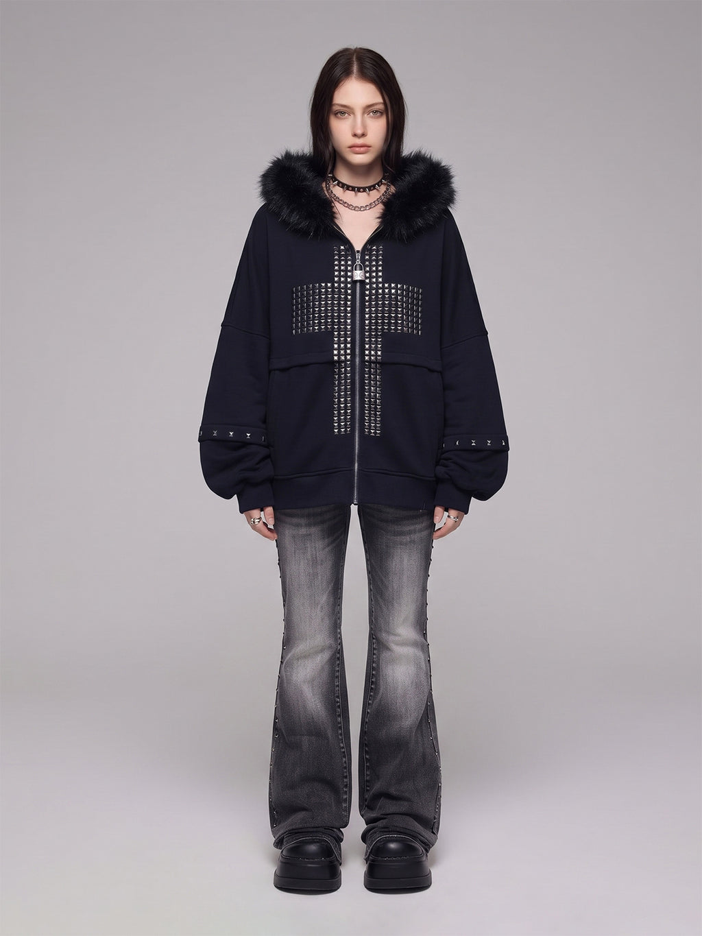 Metallic Zipper Fashion Hooded Sweatshirt Outerwear