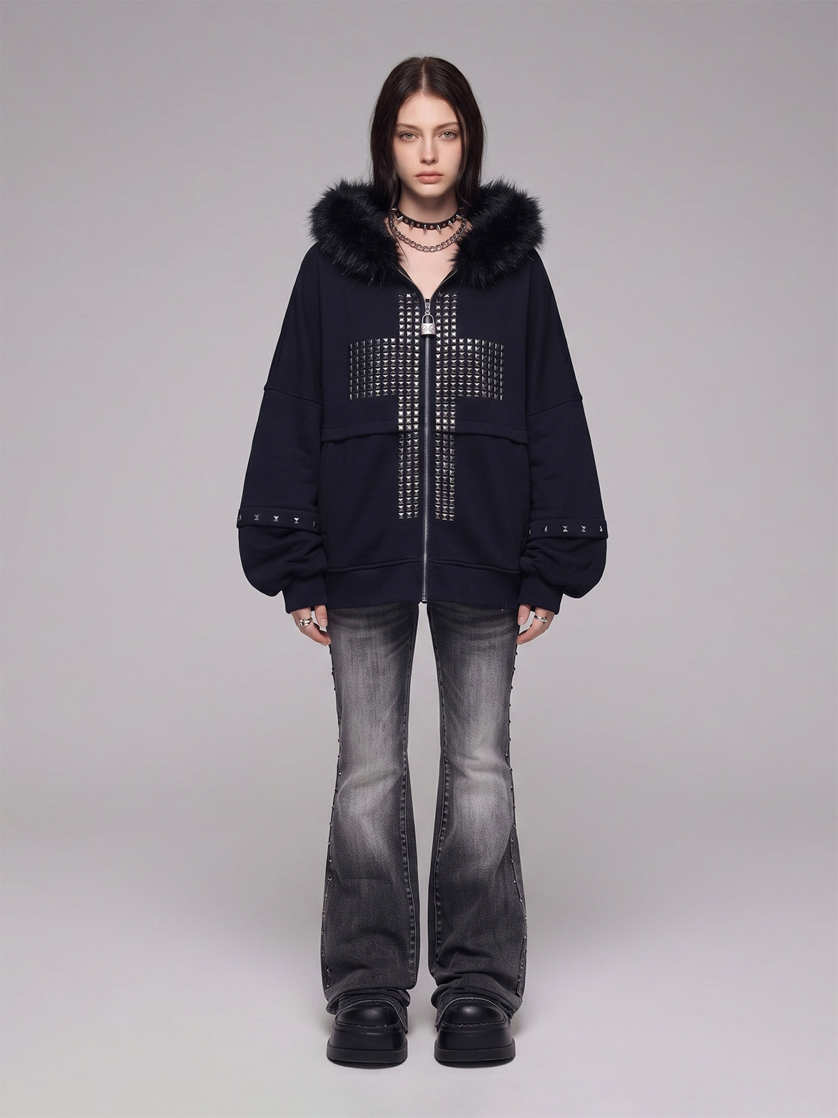 Metallic Zipper Fashion Hooded Sweatshirt Outerwear