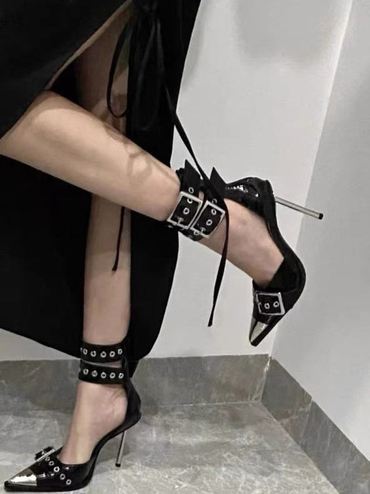 Dark-Colored Hot Girl Metal Buckle Stiletto Heels