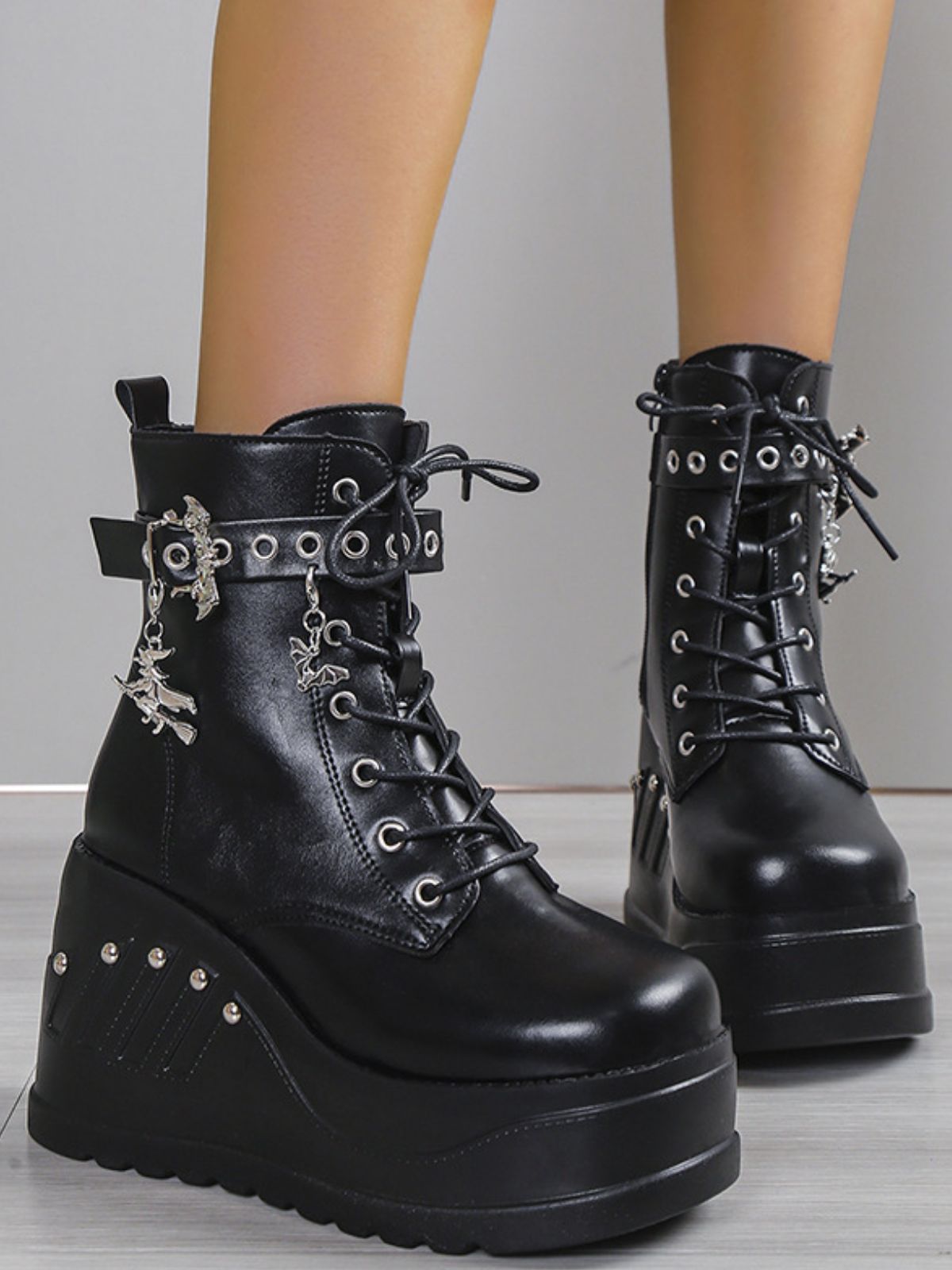 Dark Gothic Studded Wedge Platform Boots