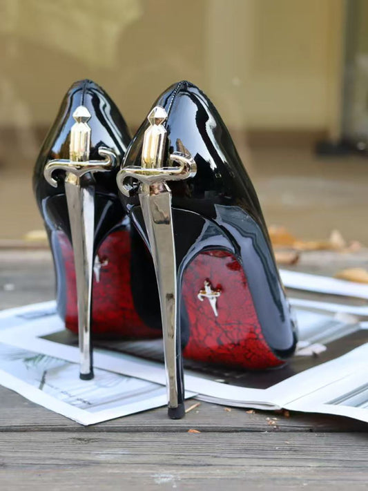 Black Metal Buckle Stiletto-Heeled Pointed-Toe Pumps